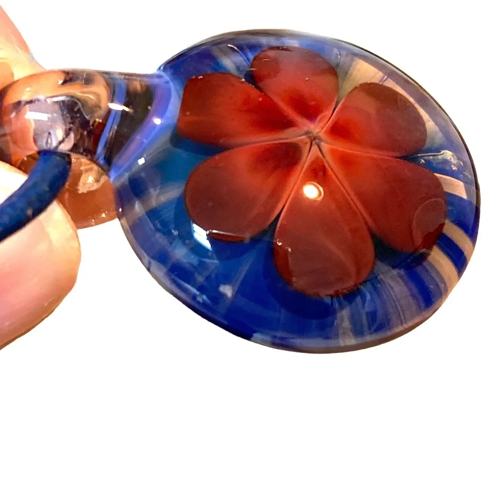 necklace glass flower blue red round pendant handmade